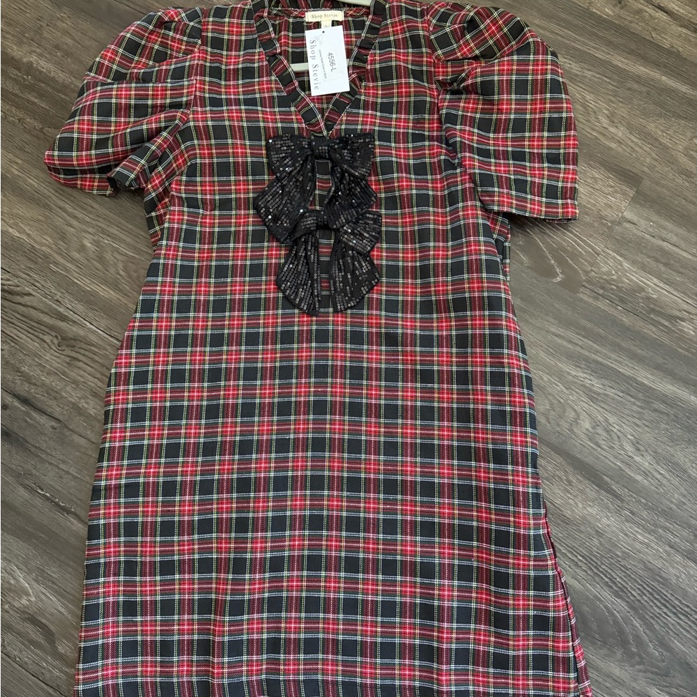 Shop Stevie Red and Green Plaid Midi Dress with Black Lace Detail